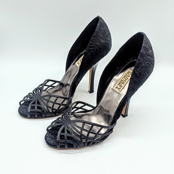 Badgley Mischka Black Webbed Peep Toe Heels 7.5M - Picture 5 of 8